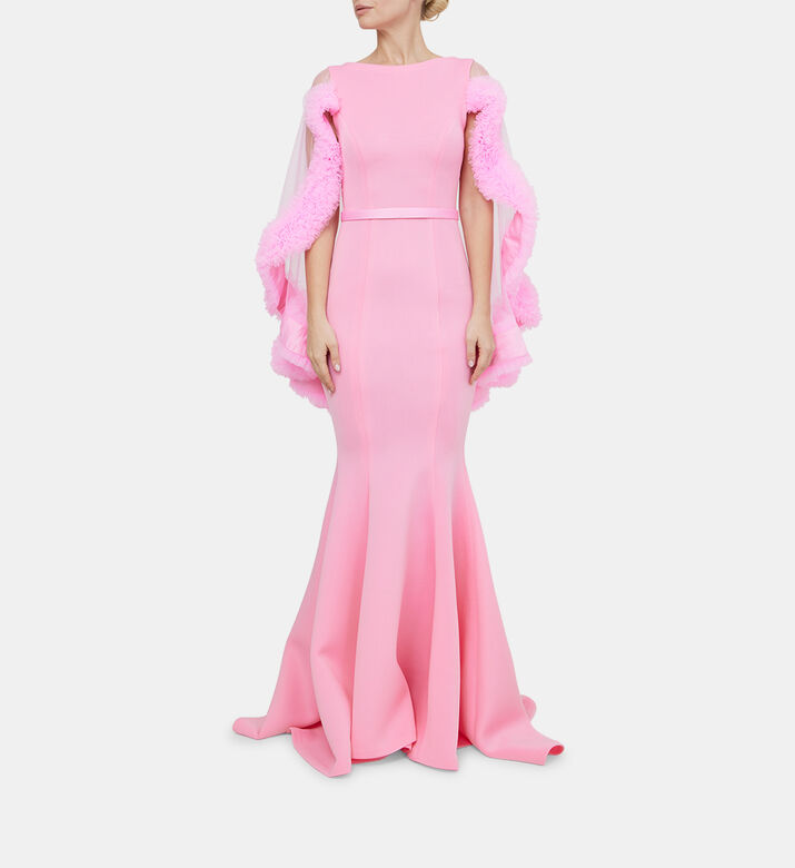 Neoprene Ruffle Cape Mermaid Dress