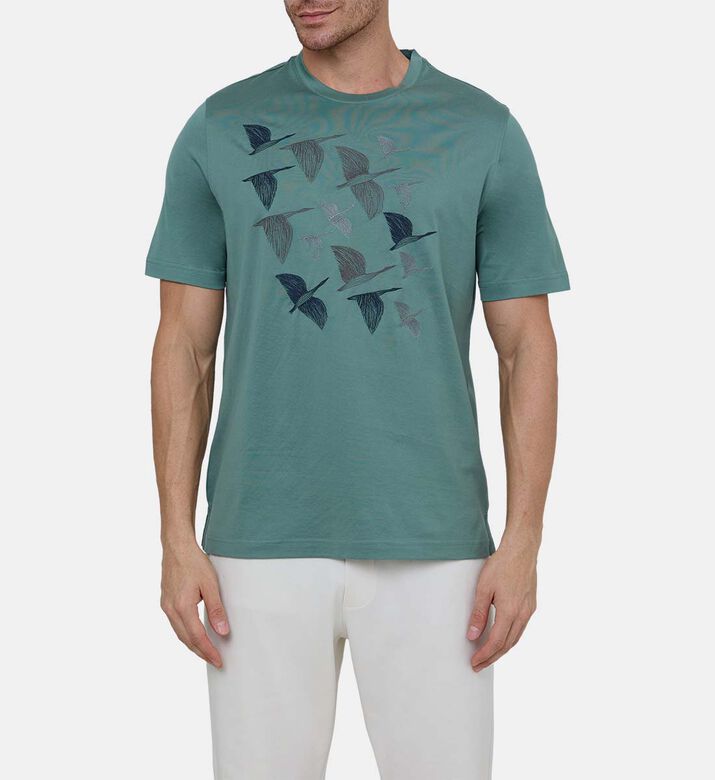 Cotton Birds-print Crewneck T-shirt