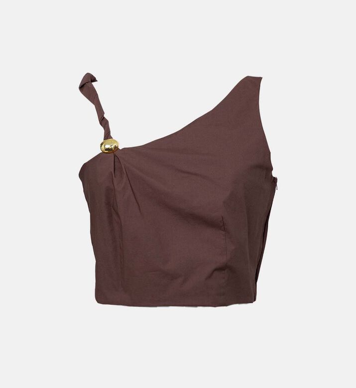 بلوزة قصيرة بكتف واحد بلمسة ذهبية اللون