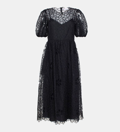Tulle Silk Puffy Sleeves Midi Dress