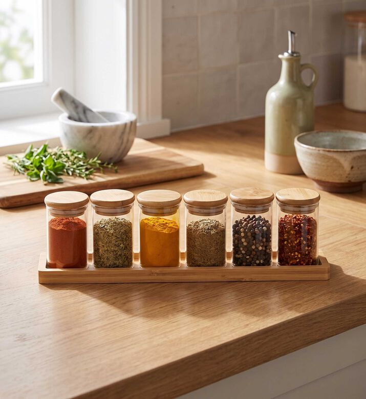 Andrea House Glass Bamboo Lid Spice Rack 6-piece Set- 600 Ml, Packshot View