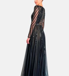 Michael Cinco Beads-embroidery Maxi Flared Dress, Black, S, Model View