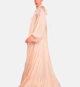 Michael Cinco Long-sleeve High Neck Flared Dress, Peach, Model View