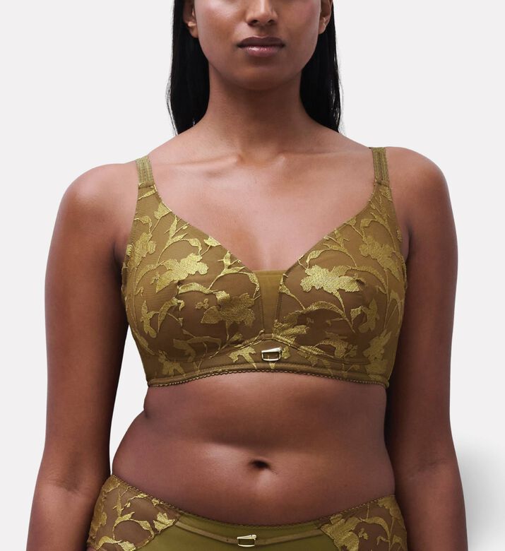 Chantelle Floral-embroidery Bra, Olive, 85, E, Model View