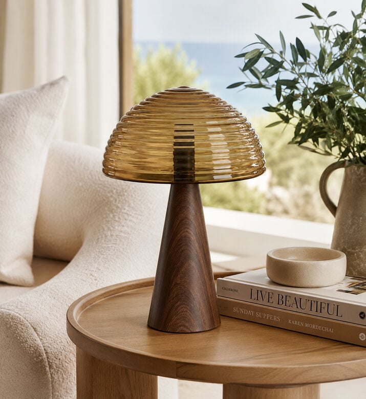 Light and Living Mueda Glass Wood Printed Table Lamp, Packshot View