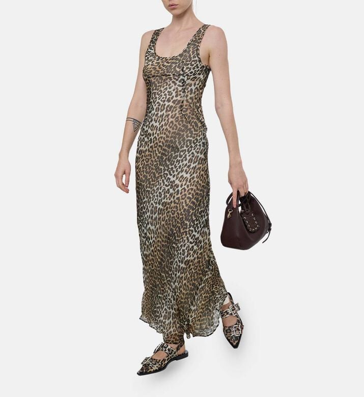 Ganni Leopard-print Sleeveless Maxi Dress, Model View Ganni Leopard-print Sleeveless Maxi Dress, Model View
