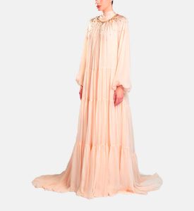 Michael Cinco Long-sleeve High Neck Flared Dress, Peach, Model View