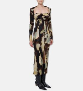 Nanushka Aponi All-over Abstract Camouflage Ruched Maxi Dress, Model View