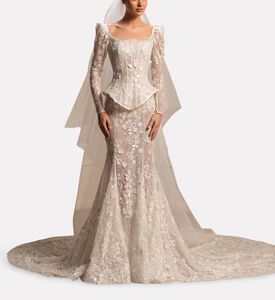 Michael Cinco Corset Long-sleeve Lace Gown, Model View