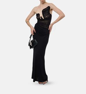 Arced Mesh-detailing Plunge Neck Maxi Dress