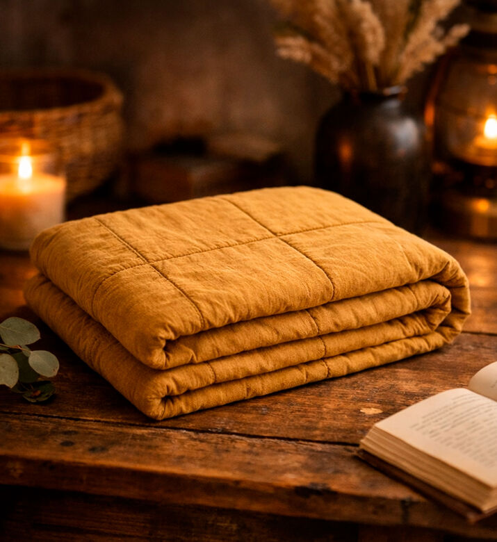 Home Deco and More Naomi Quilt Cotton Linen Blanket, Yellow, 240x260-cm, Packshot View