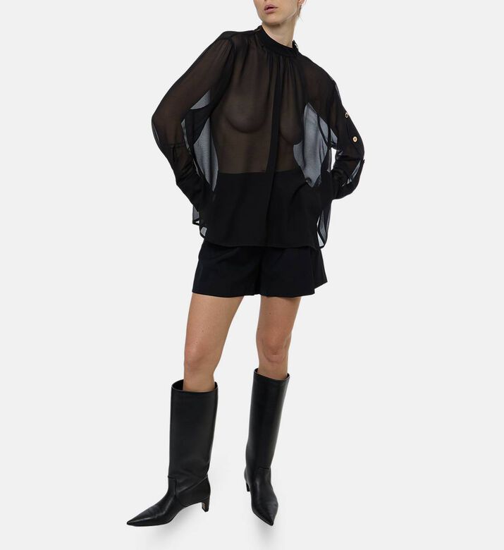 Edward Achour Paris Sheer Woven Button-detail Blouse, Black, 38, Model View Edward Achour Paris Sheer Woven Button-detail Blouse, Black, 38, Model View