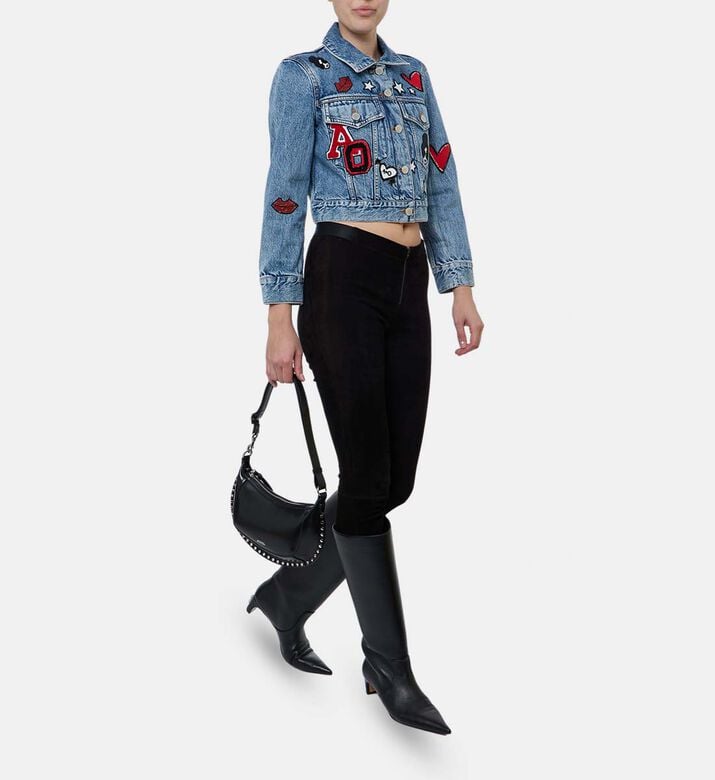 Alice and Olivia Embroidered Long-sleeve Cropped Denim Jacket, Model View
