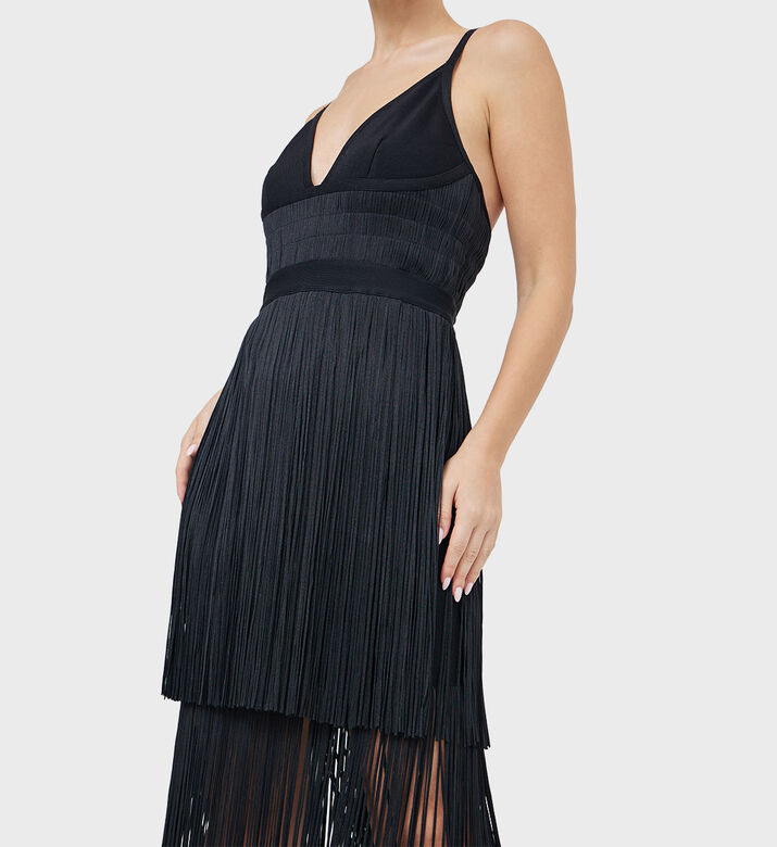 Bustier Inspired Plunging Fringe Gown