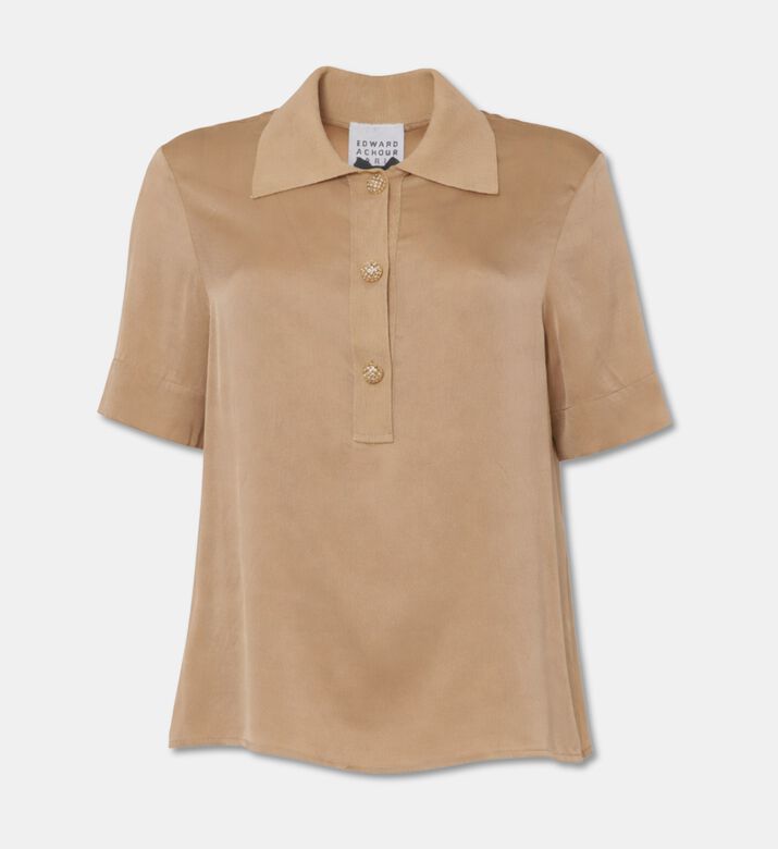 Edward Achour Paris Knitted Short-sleeve Polo Top, Beige, 44, Packshot View