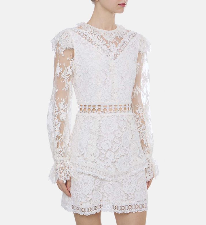 فستان دانتيل شفاف بأكمام طويلة وأساور مكشكشة