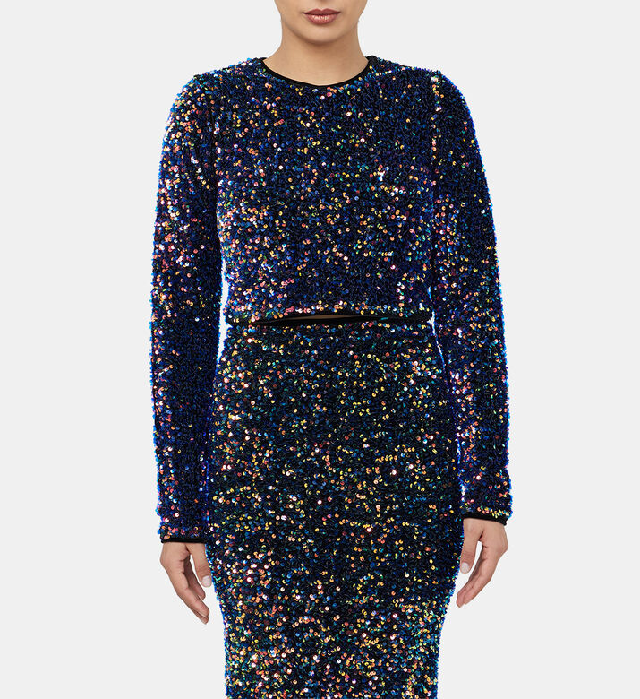 بلوزة قصيرة مخملية مطرزة بأكمام طويلة