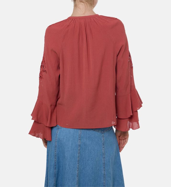 Ba and Sh Floral-embroidery Long-sleeve Blouse, Model View