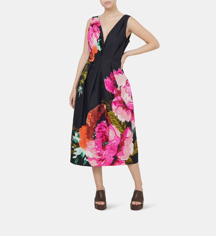 Floral Print Pleated Midi Dress