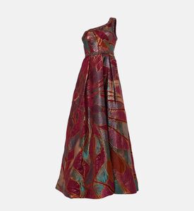 Savanna One-shoulder Metallic Pattern Gown, Brown, L, Packshot View