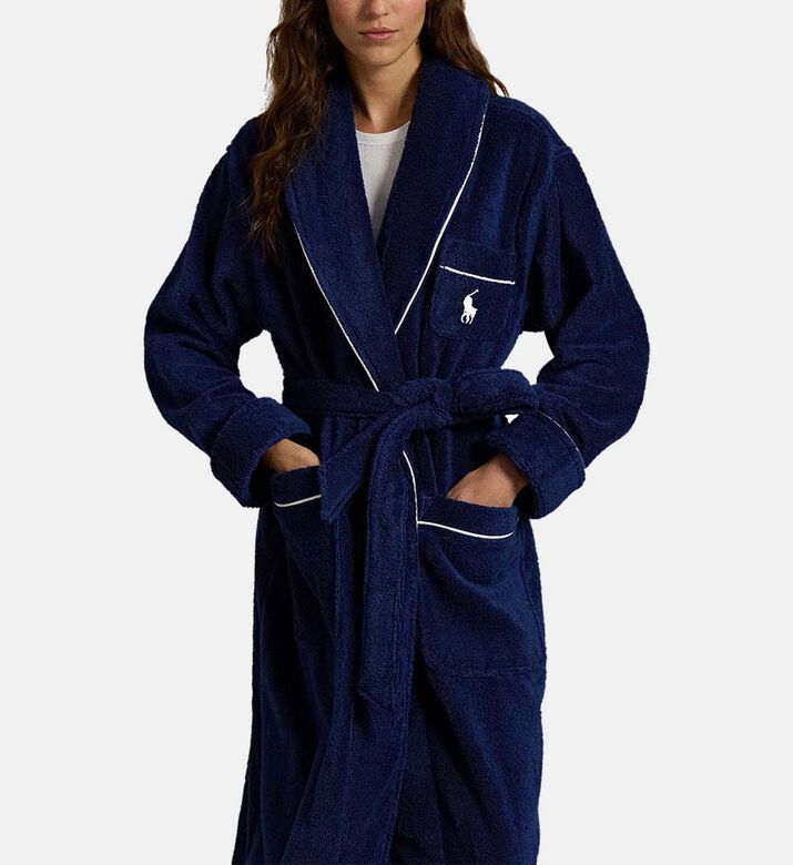 Polo by Ralph Lauren Logo-detail Tie Belt Night Robe, Dark-blue, S-m, Model View