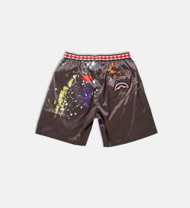 شورت سباحة مطاطي بطول متوسط وطبعة ألوان متناثرة