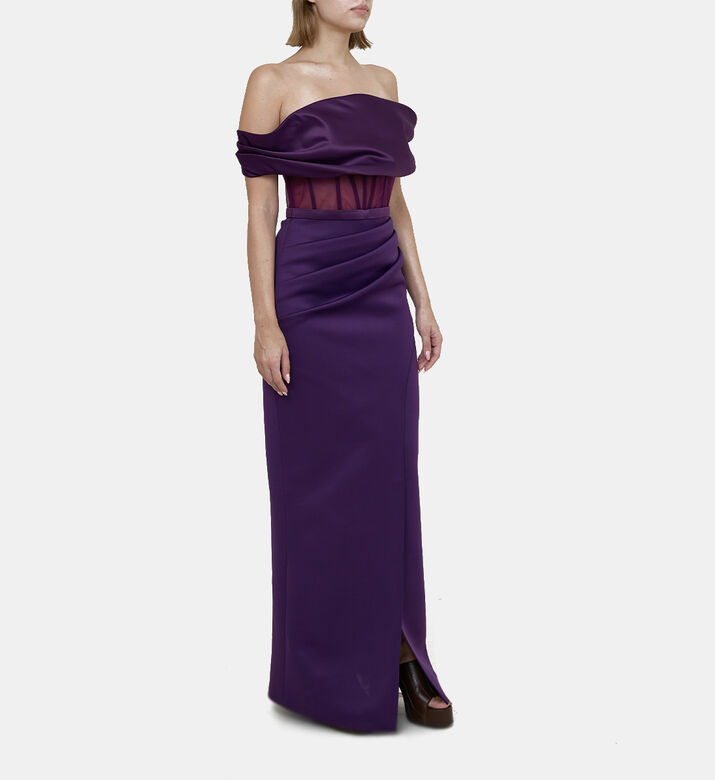 Satin Off Shoulder Gown With Tulip Neoprene Skirt