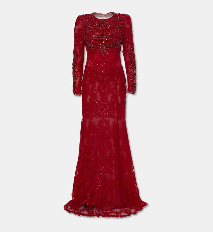 Michael Cinco Embellished Lace Long Evening Gown, Packshot View