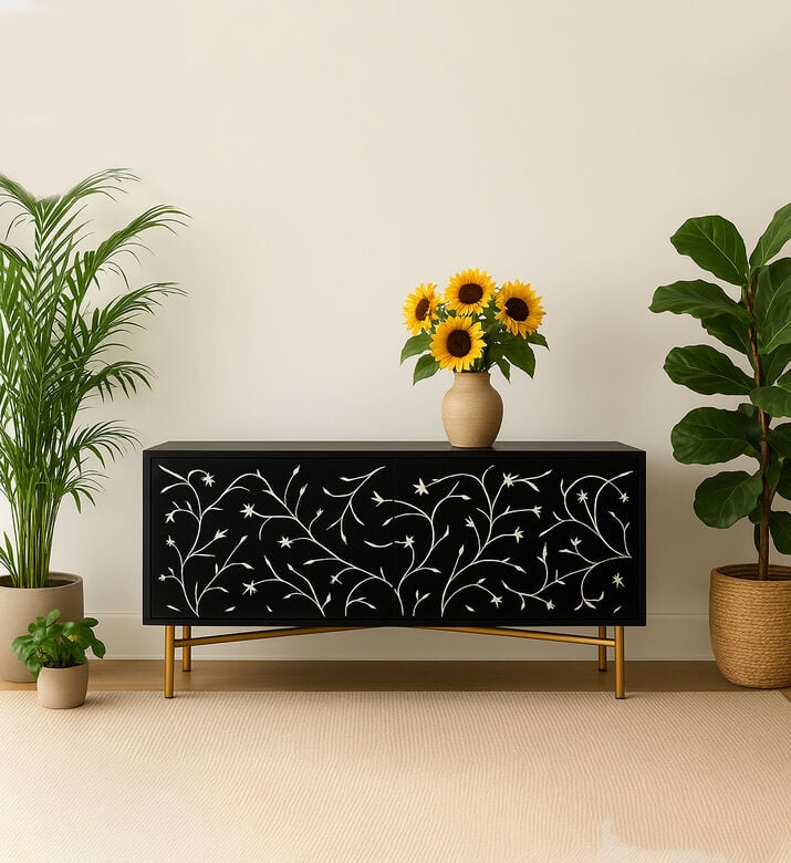 Home Deco and More Flora Mango Wood Iron Buffet Brass Stand, Packshot View