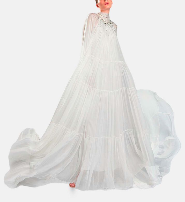 Michael Cinco Long-sleeve High Neck Flared Dress, White, Model View