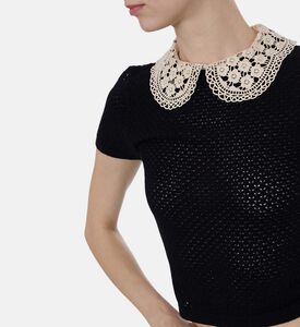 Lace Collar Open-knit Short-sleeve Top