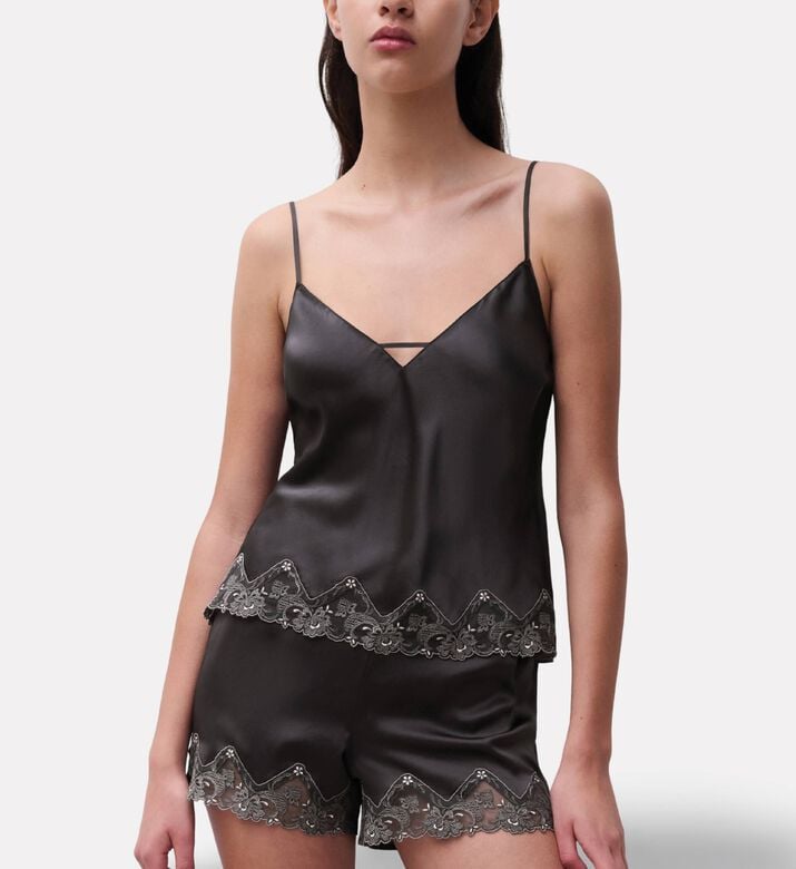 Chantelle Satin Lace-trimmed Shorts, Model View