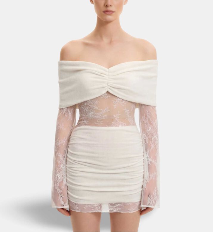 JW PEI Off-shoulder Ruched Lace-sleeve Mini Dress, Model View