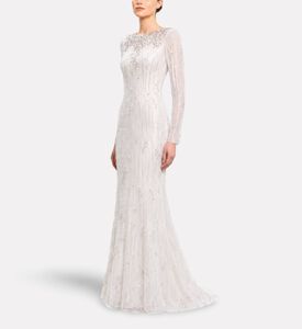 Michael Cinco Beaded Fringe Long Evening Gown, Model View