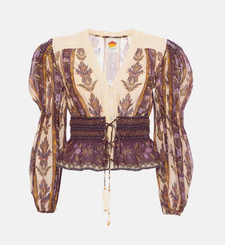 Farm Rio Floral-print Puff Sleeve Blouse, Packshot View Farm Rio Floral-print Puff Sleeve Blouse, Packshot View