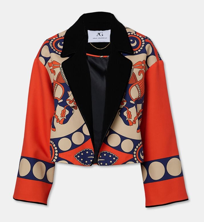 Arad Ghaderian Printed Cropped Velvet Trim Jacket, Packshot View