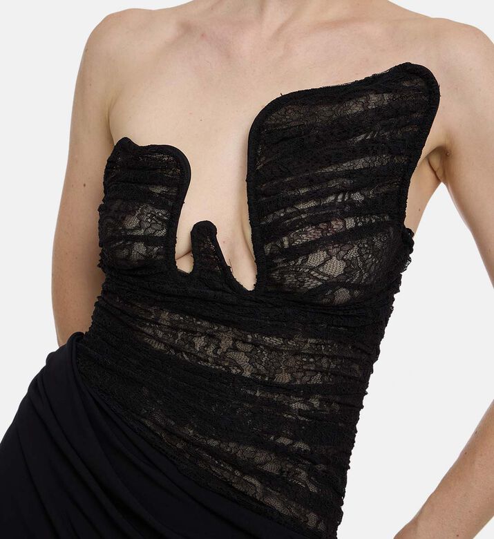 Arced Mesh-detailing Plunge Neck Maxi Dress