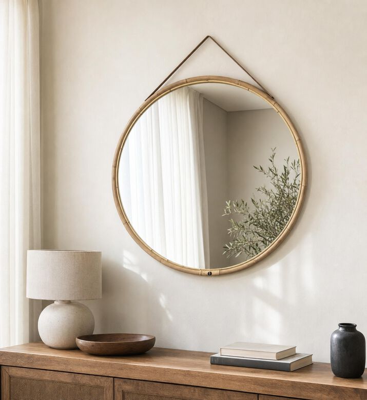 Alizea Bolivia Rattan Round Mirror, Natural, 100-cm, Model View