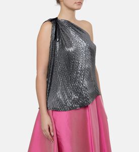 Blue For Burgundy Pleated Ribbon One-shoulder Top, Model View