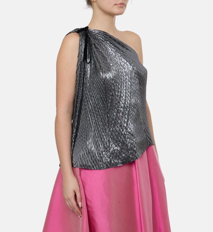 Blue For Burgundy Pleated Ribbon One-shoulder Top, Model View