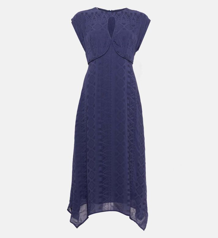 Textured Geometric Pattern Cap Sleeves Midi Dress