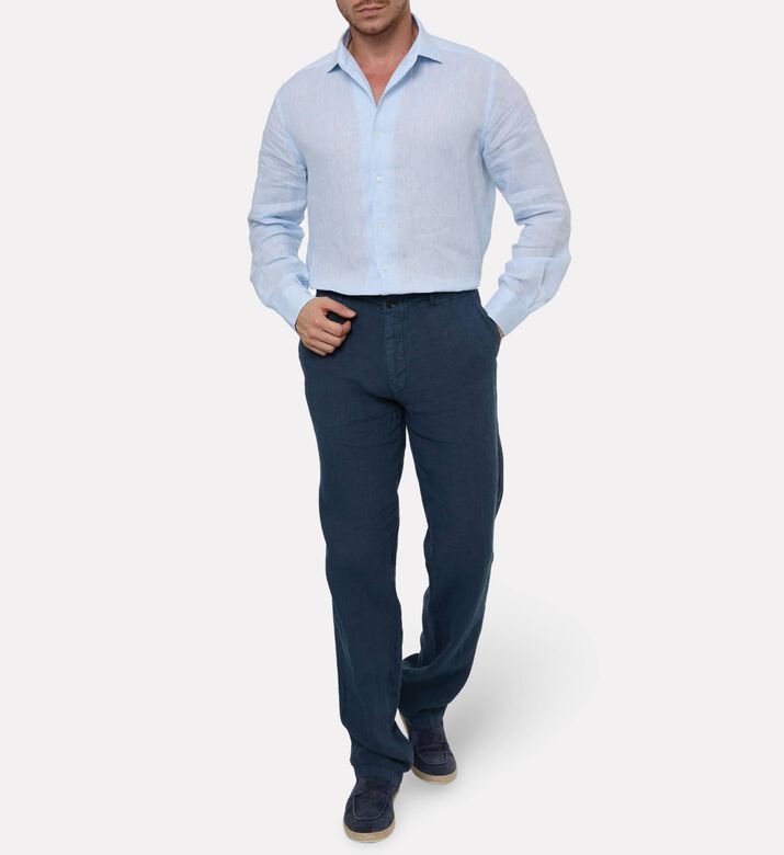Corneliani Solid Pure Linen Shirt, Blue, 42, Model View