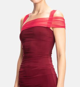 فستان متوسط الطول مكشكش بكتف بطيات