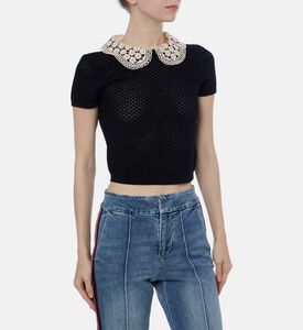 Lace Collar Open-knit Short-sleeve Top