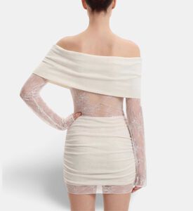 JW PEI Off-shoulder Ruched Lace-sleeve Mini Dress, Model View