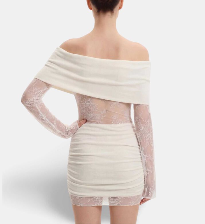 JW PEI Off-shoulder Ruched Lace-sleeve Mini Dress, Model View