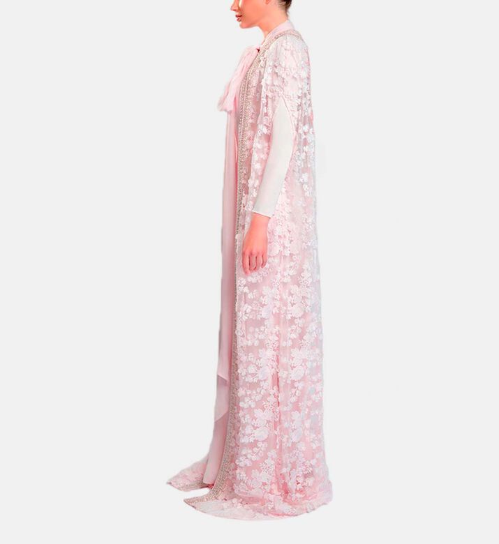 Michael Cinco Floral-embroidery Cape Flared Dress, Pink, Xl, Model View