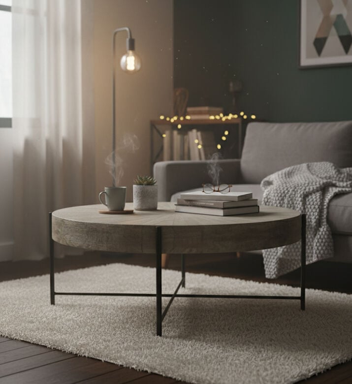 Home Deco and More Mountain Round Wooden Coffee Table, Packshot View