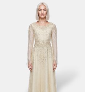 Suzy Matar Pearl-embellished Lace Evening Gown, Model View