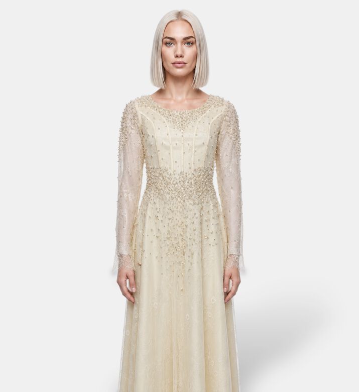 Suzy Matar Pearl-embellished Lace Evening Gown, Model View